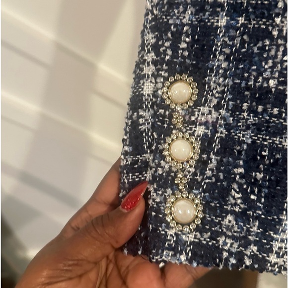 New Boston Proper Pearl Trim Tweed Parisian Jacket Navy Multi- Stunning - Picture 11 of 13